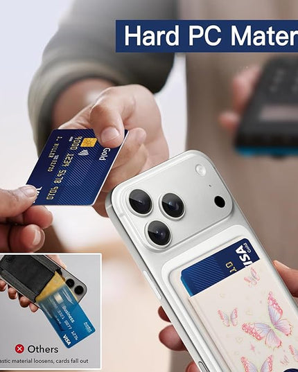 Stronger Magnetic Card Slot Wallet for iPhone 17/16/15/14/13/12 Series (Not for 13/12 Mini), Butterfly Pattern Hard Card Holder Fit 3 Cards Compatible with Magsafe Accessories, White