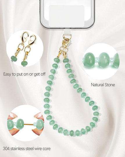 Natural Stone Beaded Phone Wrist Strap for Women – Detachable Chain Wristlet, Durable 304 Stainless Steel Core (Green Aventurine)