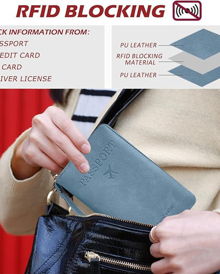 Passport Holder for Travel, Passport Holder Cover Wallet for Women Men With Rfid Blocking, PU Passport Book Card Holder Case - Travel Essentials Accessories Blue
