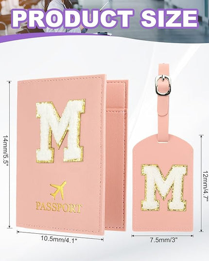 PATIKIL Passport Holder for Travel, Initial Passport Cover and Luggage Tag Set with Alphabet Chenille Letter Patch Travel Wallet Bag Suitcase Identifier for Women Family Travel Pink M