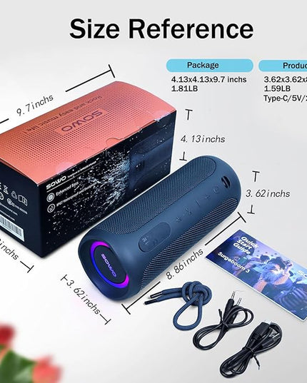 SOWO Waterproof Speaker Bluetooth Wireless- Portable Speaker Loud with Built-in Subwoofer and Tweeter, Extra Bass, Stereo Sound, IP67, Colorful Lights for Party, Outdoor, Camping - Blue