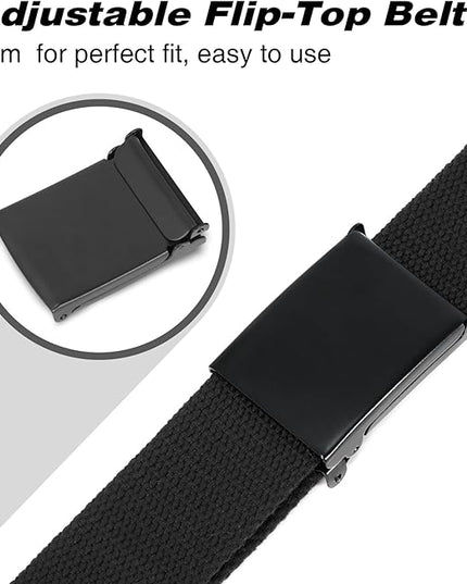 WHIPPY Canvas Web Belt Flip-Top Solid Black Military Buckle Fully Adjustable Mens Webbing Belts Cut To Fit