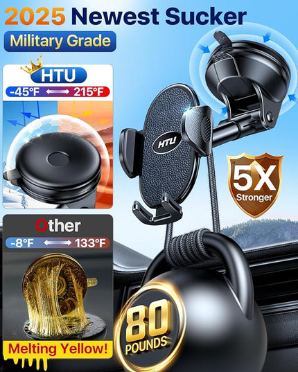 HTU 【Military-Grade Suction】 Cell Phone Holder for Car【Flexible Telescopic Arm】 Car Phone Mount Stand for Dashboard Windshield for iPhone 17 16 Pro Max 15 14 13 12 Samsung Truck Jeep, Black