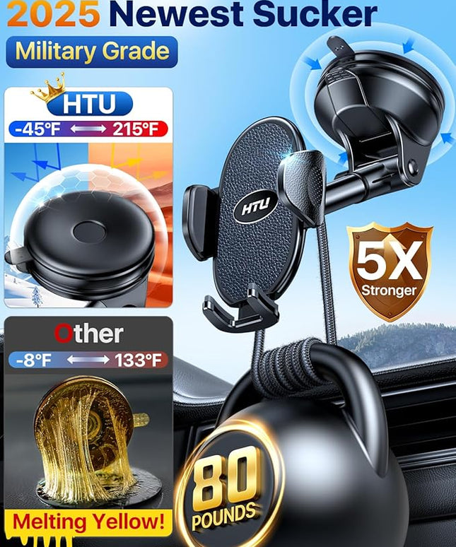 HTU 【Military-Grade Suction】 Cell Phone Holder for Car【Flexible Telescopic Arm】 Car Phone Mount Stand for Dashboard Windshield for iPhone 17 16 Pro Max 15 14 13 12 Samsung Truck Jeep, Black