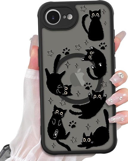 Cute Magnetic Case for iPhone 16e Case [ Compatible with MagSafe ] with Black Cat Cats Pattern Design for Women Girls Boys, Soft Bumper Hard Back Kawaii Animal Protective Phone Cover