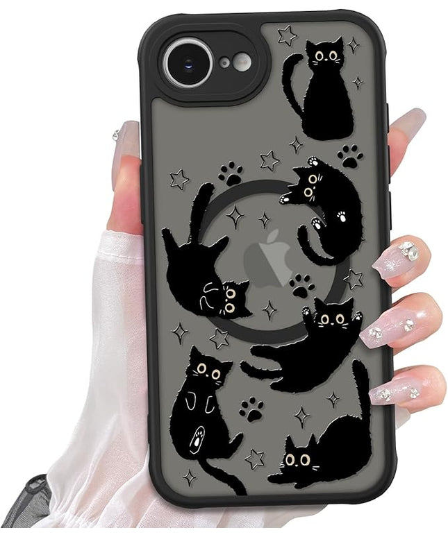 Cute Magnetic Case for iPhone 16e Case [ Compatible with MagSafe ] with Black Cat Cats Pattern Design for Women Girls Boys, Soft Bumper Hard Back Kawaii Animal Protective Phone Cover
