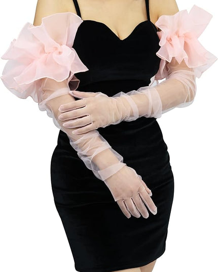 Super Puff Sheer Long Gloves Oversize Tulle Mesh Gloves for Cocktail Opera Party Glove Long Sleeve