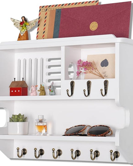Mutsault Key Holder for Wall, Mail and Key Holder for Home Decor, Key and Mail Holder for Wall with Key Hooks, White