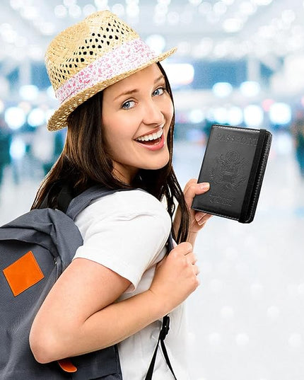 ACdream Passport Holder Cover, Leather Travel Wallet Case, RFID Blocking Document Organizer Protecrtor, with Slots for Credit Cards, Boarding Pass, for Women and Men, Black