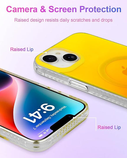 Aesthetic Case for iPhone 14 Plus & iPhone 15 Plus Case for Women Girls, Compatible with Magsafe, Cute Girly Glitter Sparkly Bling Rainbow Magnetic Phone Cover, Iridescent Yellow & Orange