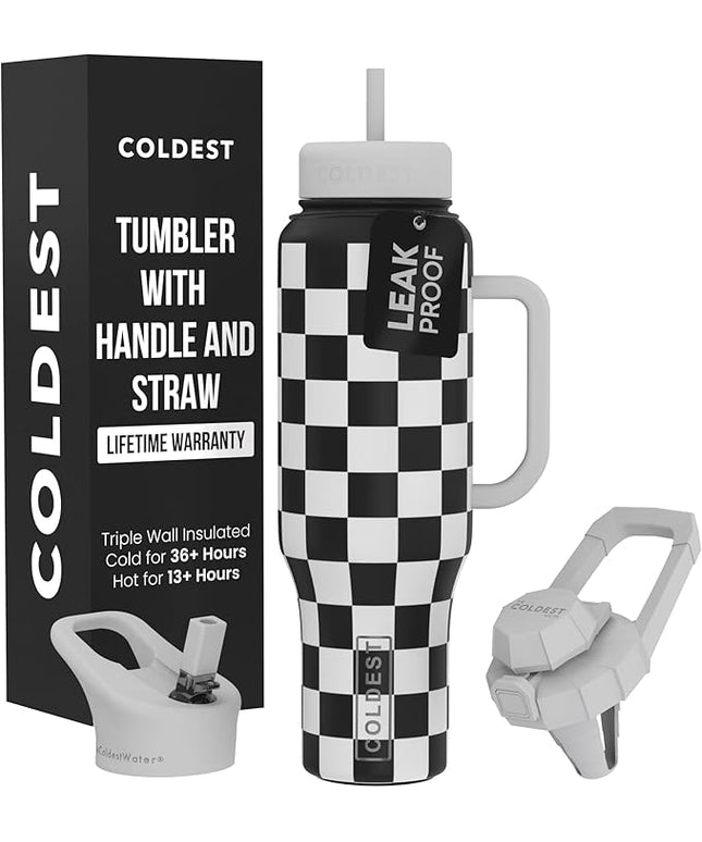 Coldest Tumbler with Handle and Straw, 100% Spill Proof Tumbler with Straw (3 Lids), Stainless Steel Insulated Leakproof Tumblers for Women Men, Cup Holder Friendly, 46 oz Black & White Checkers