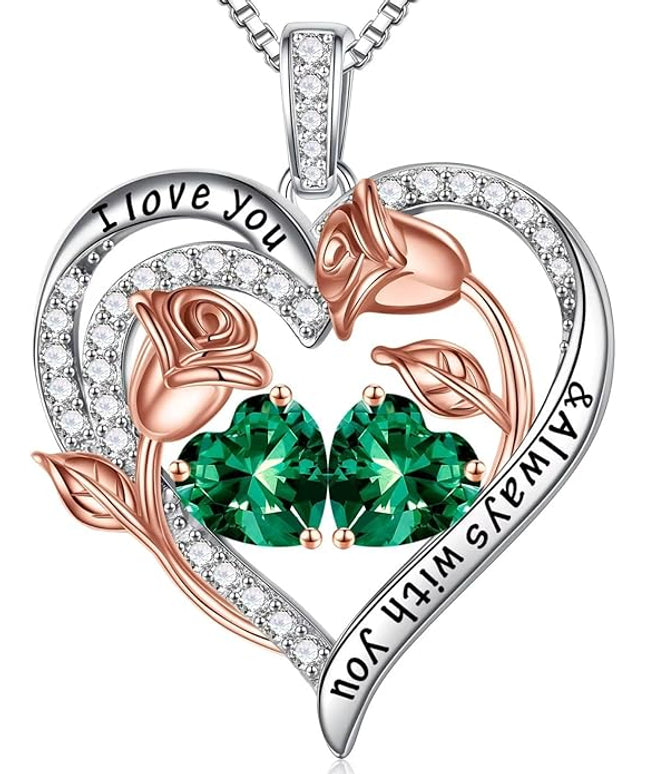 Iefil Christmas Gifts for Women Wife - 925 Sterling Silver Rose Heart Birthstone Necklace Birthday Anniversary Jewelry Gifts for Her Wife Mom Daughter