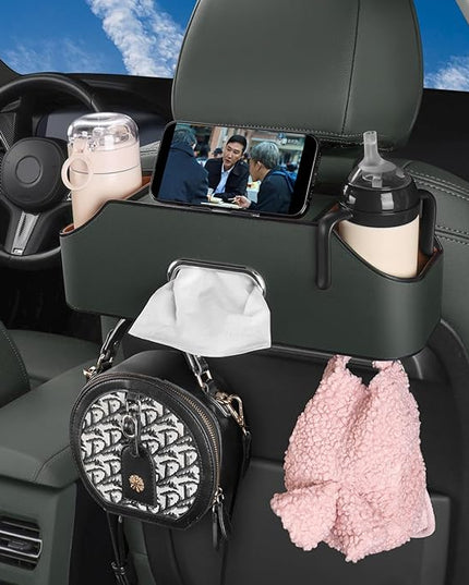 Car Seat Back Organizer - Stylish & Functional Storage for Family Adventures - Cup Holders, Tissue Box & Hooks - Perfect for Kids, Road Trips & Travel (Emeralds)