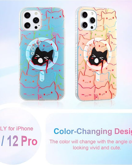 Cute Case for iPhone 12 & 12 Pro Case for Women Girls Boys [ Compatible with Magsafe ] Iridescent and Black Cats Cat Pattern Design, Kawaii Colorful Animal Soft Protective Phone Cover
