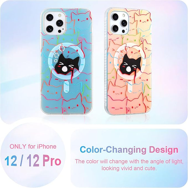 Cute Case for iPhone 12 & 12 Pro Case for Women Girls Boys [ Compatible with Magsafe ] Iridescent and Black Cats Cat Pattern Design, Kawaii Colorful Animal Soft Protective Phone Cover
