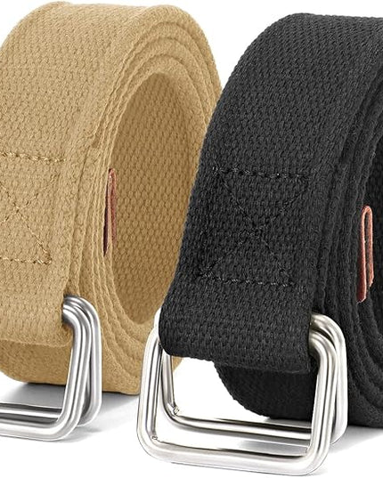 JASGOOD Men Canvas Fabric Belts Casual Web Cloth Belts with Black Double Ring Buckle 2 Pack