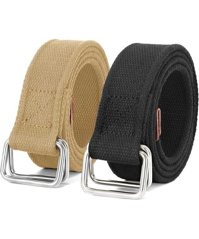 JASGOOD Men Canvas Fabric Belts Casual Web Cloth Belts with Black Double Ring Buckle 2 Pack