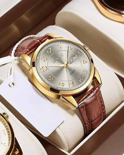 Men Dress Watch Waterproof Leather Watches for Men with Day Date Luxury Large Arabic Numerals Analog Quartz Classic Leather Watch Easy Read relojes para Hombres