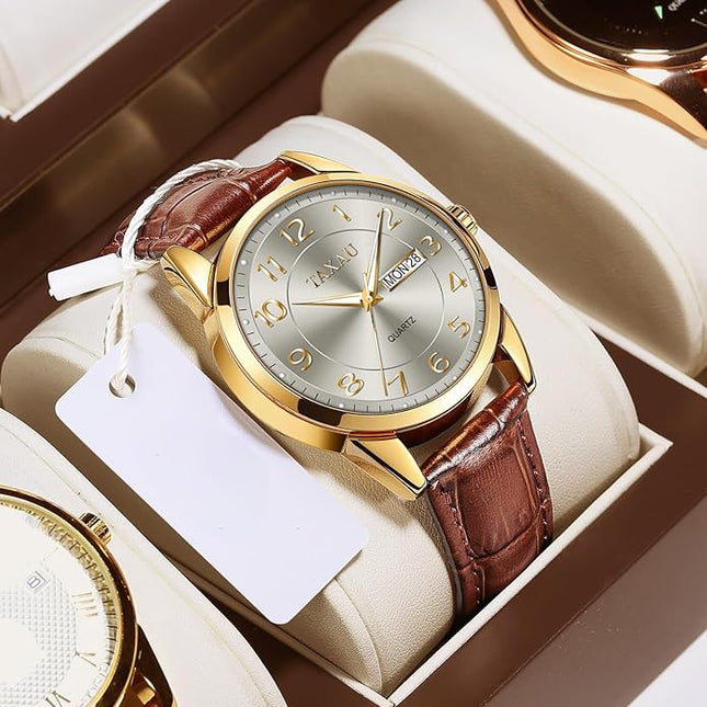 Men Dress Watch Waterproof Leather Watches for Men with Day Date Luxury Large Arabic Numerals Analog Quartz Classic Leather Watch Easy Read relojes para Hombres