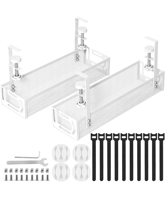 Cable Management, 2 Pack Cable Management Under Desk No Drill, Metal Cord Organizer with Clamp for Standing Desk, Cable Organizer for Home Office, White