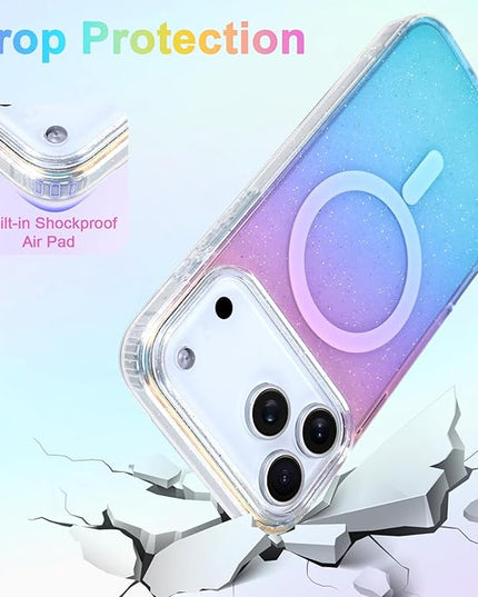 Glitter Case for iPhone 17 Pro Case for Women Girls [ Compatible with Magsafe ] Clear Cute Girly Aesthetic Gradient Rainbow Sparkly Bling Magnetic Phone Cover, Iridescent Colors