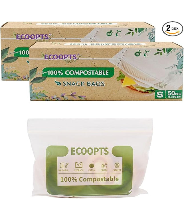 100% Compostable Snack Zip Bag | ECO-Friendly Small Storage Bags | Freezer Bag | Plant-Based BPA-free | Seal well for Cookie, Chips and Snack (2, Small)