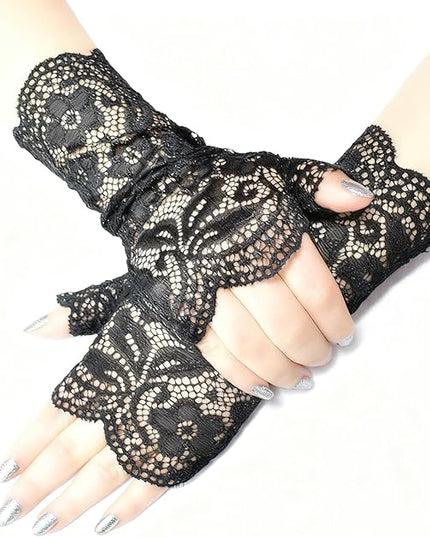 Women Fingerless Lace Gloves, Short Bridal Wrist Floral Lace Mittens Women Gloves for Wedding Opera Tea Party Cocktail Prom Cosplay Costume Accessories