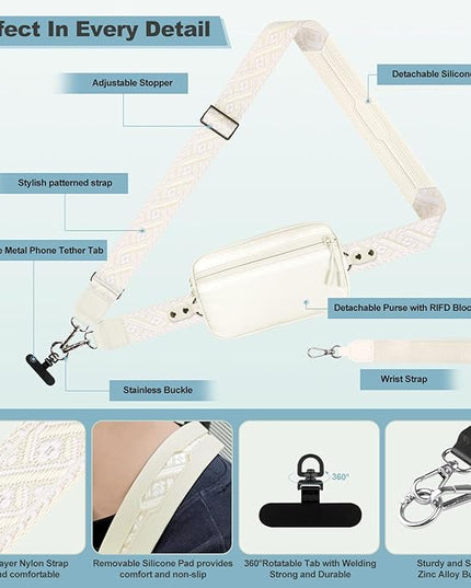 Clip and Go Strap for Phone with Wallet Crossbody, Adjustable Phone Lanyard with Detachable RFID Wristlet Wallet, Pattern Strap - Cream (L)
