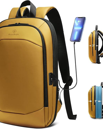 hk Business Backpack for Men 17 Inch,Slim & Expandable Waterproof Travel Laptop Backpack with USB Charger Port (Yellow)