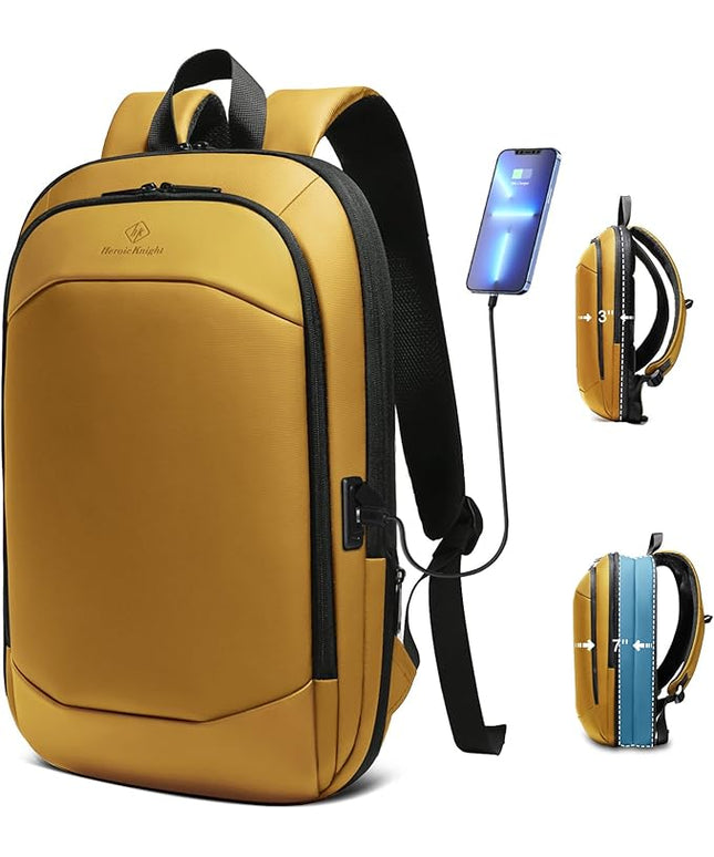 hk Business Backpack for Men 17 Inch,Slim & Expandable Waterproof Travel Laptop Backpack with USB Charger Port (Yellow)