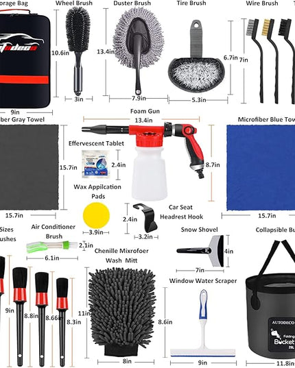 AUTODECO 35Pcs Car Wash Detailing Kit Cleaning Kits with Foam Gun Sprayer Collapsible Bucket Brush Large Wash Mitt Towels Complete Interior Exterior Car Washing Supply Set Black