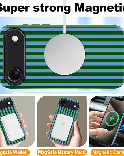 Magnetic for iPhone 17 Air Case Cute Stripes Phone Case, Shockproof Slim TPU and Hard PC Protective Phone Cover Compatible with MagSafe Designed for Women Girls, Green and Blue