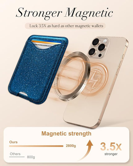 Shorogyt Compatible with Magsafe Wallet Magnetic Card Holder - Glitter Blue Phone Wallets for Women Teen Girls Fashion for iPhone 17/16/15/14/13/12 Series Slim for Apple Mag RFID Magnet, Fit 3 Cards