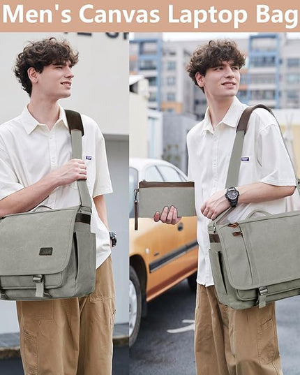 Nerlion Messenger Bag for Men 17-17.3 Inch Laptop Bag Canvas Water-resistant Computer Bag Shoulder Bag Work Briefcase Bookbag for College (Light Gray)