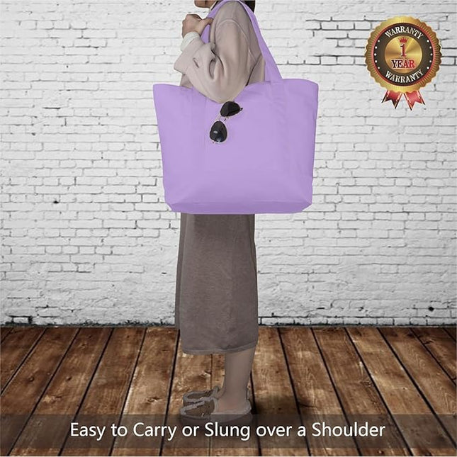 TOPDesign 6-Pack Canvas Tote Bags with an External Pocket, Reusable Grocery Shopping Bags, Top Zipper Closure, Daily Essentials (Lavender)