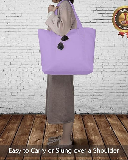 TOPDesign 3-Pack Canvas Tote Bags with an External Pocket, Reusable Grocery Shopping Bags, Top Zipper Closure, Daily Essentials (Lavender)