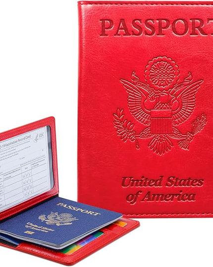 Passport Holder Cover Wallet Case RFID Blocking Leather Card Slot Travel Accessories Documents Organizer Protector for Women Men, Red