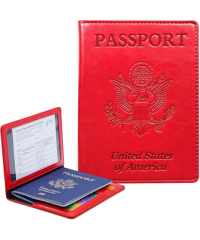 Passport Holder Cover Wallet Case RFID Blocking Leather Card Slot Travel Accessories Documents Organizer Protector for Women Men, Red