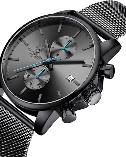 GOLDEN HOUR Mens Watch Fashion Sleek Minimalist Quartz Analog Mesh Stainless Steel Waterproof Chronograph Watches for Men with Auto Date