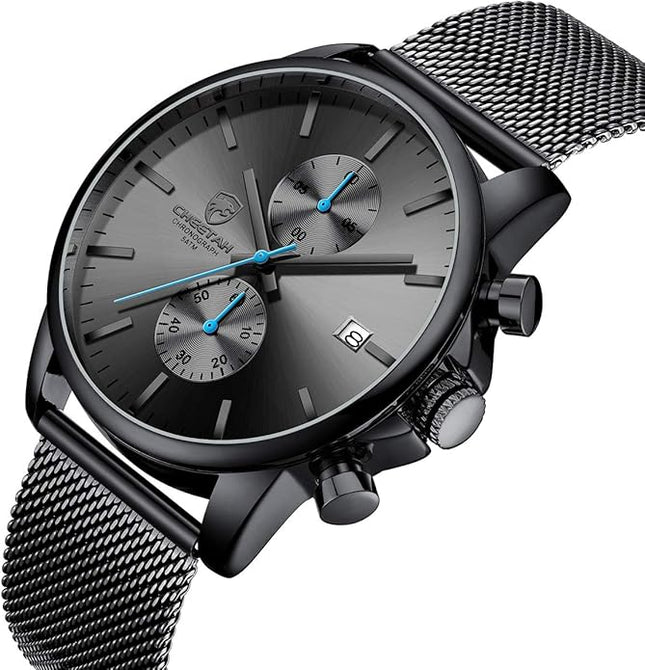 GOLDEN HOUR Mens Watch Fashion Sleek Minimalist Quartz Analog Mesh Stainless Steel Waterproof Chronograph Watches for Men with Auto Date