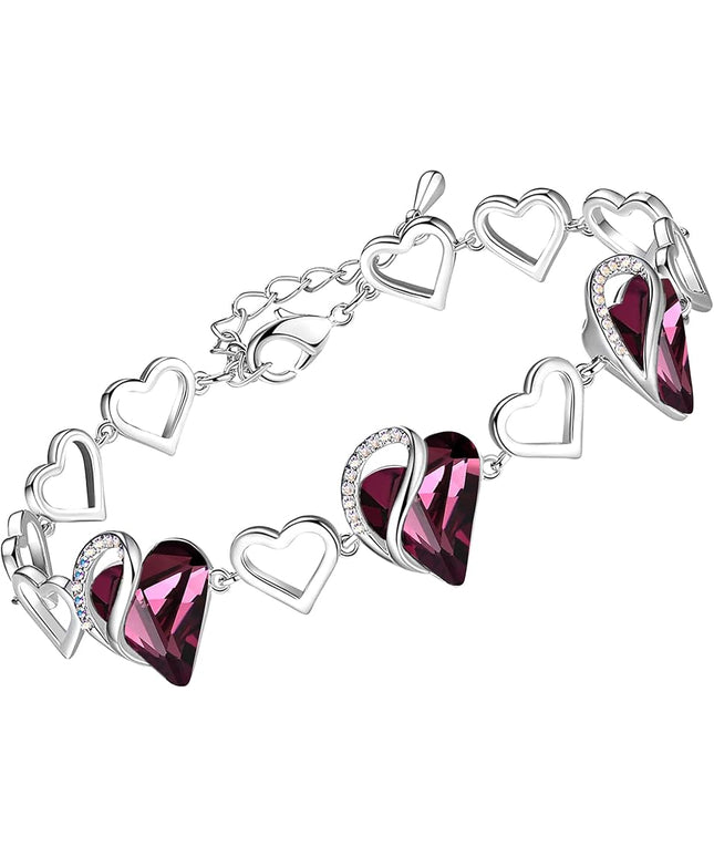 Leafael Infinity Love Heart Link Bracelets, Birthstone or Healing Stone Crystal Bracelet for Women, Silver Tone Jewelry Gifts for Her, 7-inch Chain and 2-inch Extender
