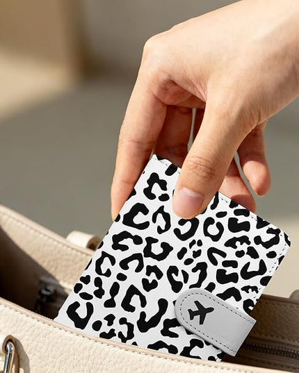 Passport Holder, Travel Wallet Cover with Pen Loop | Cute RFID Blocking Leather Case with Magnetic Closure for Travel Essentials-Leopard