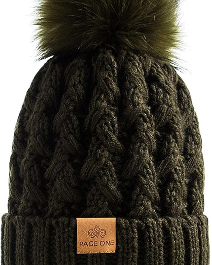 PAGE ONE Womens Winter Ribbed Beanie Crossed Cap Chunky Cable Knit Pompom Soft Warm Hat