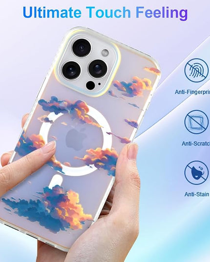 Cute Case for iPhone 16 Pro Case for Women Girls [ Compatible with Magsafe ] Aesthetic Cloud Pattern Design, Girly Glitter Sparkly Bling Protective Phone Cover, Iridescent Sun Set Sky