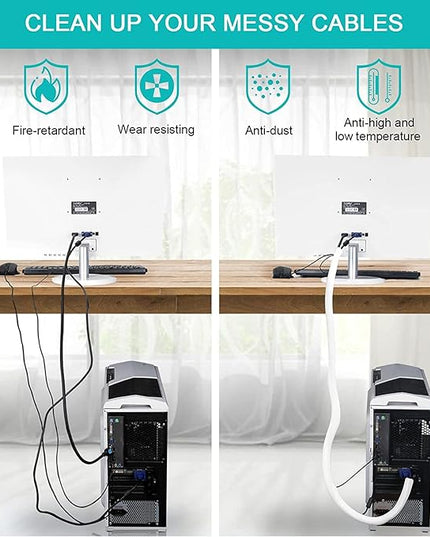 6.6ft - 1.2 inch White Cable Sleeve, Cable Organizer for Desk PC TV Computer, Wire Protector Cable Wrap Cover, Cord Management for Home Office