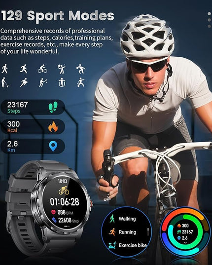 Military Smart Watch for Men(Answer/Dial Calls),1.46'' AMOLED Touchscreen/5ATM Waterproof/120+ Sports Modes Fitness Watch with Blood Pressure/Heart Rate/SpO2/Pedometer for Android/iOS Smartwatch