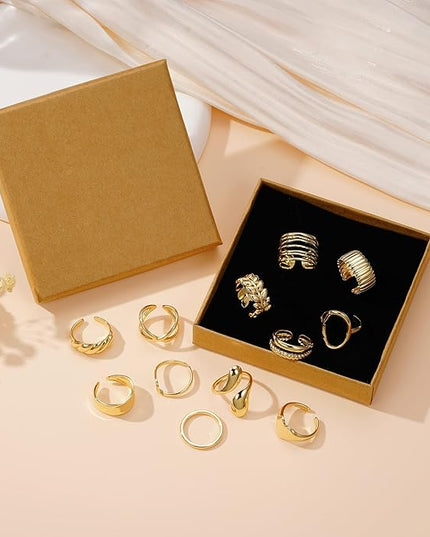 YOOSTEEL Valentines Day Gifts for Her Womens Chunky Gold Rings - 12 PCS Hypoallergenic 14K Gold Plated Thick Stackable Open Rings for Women Non Tarnish Dainty Gold Adjustable Ring Stack Set Trendy Jewelry