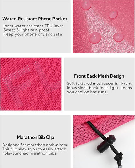 WATERFLY Running Belt Fanny Pack: Breathable 3 Pocket Waist Bag for Men Women Workout Exercise Fitness Phone Holder Fits All Phones - Runner Marathon Jogging Race Belt with Bib Clip Pink