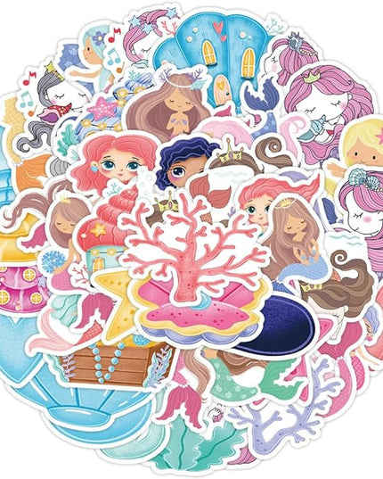 Mermaid Stickers for Kids Teens Boys Girls,50 Pcs Cartoon Waterproof Vinly Stickers for Laptop Tablet Flasks Water Bottles Phone Computer Luggage Notebook Scrapbook-Lovely Decal Pack(Mermaid-50Pcs)
