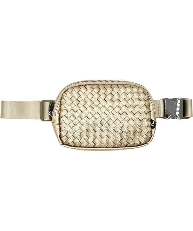 C.C Woven Vegan Leather Fanny Pack – Waist Bag with Adjustable Strap, Crossbody Belt Bag (Vegan Leather Woven - Champagne)